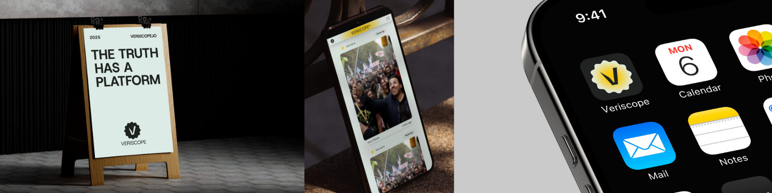 Veriscope in the field - sign, protest footage on device, and Veriscope Lens on home screen